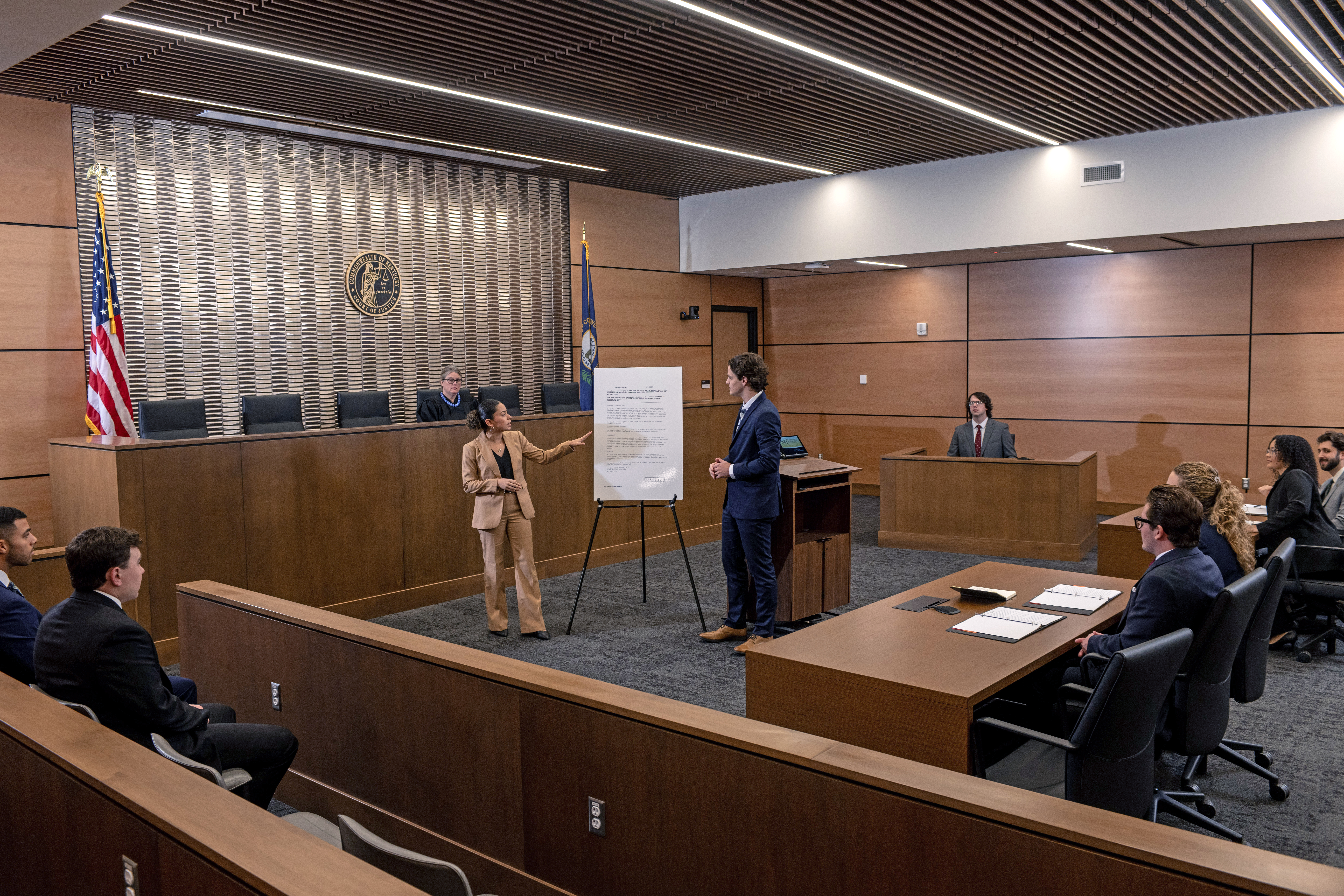 Students participating in class in the Foundation Courtroom