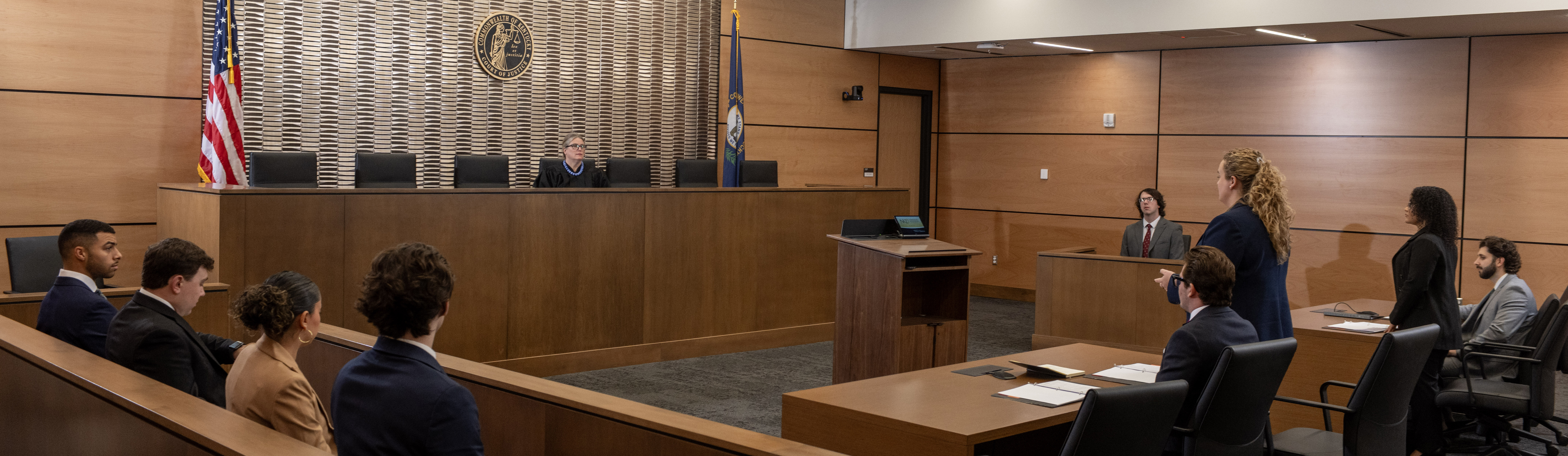 Several students participating in a mock trial in the new Chase Law Foundation Courtroom