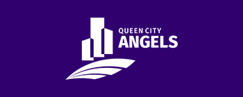 Queen City Angels logo with a stylized white city skyline and wing icon on a purple background.